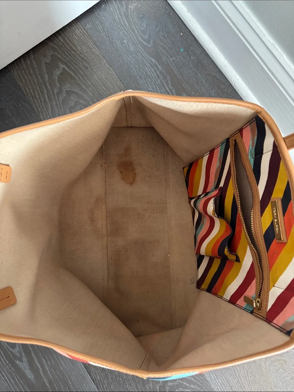 Tory Burch Multicolor Chevron Stripe Canvas Tote with Tan Leather Handles